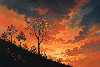 Flowering Tree Silhouette at Dramatic Sunset