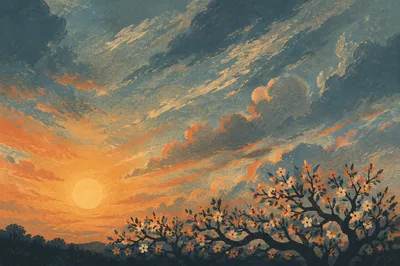 Flowering Tree Silhouette Under Dramatic Sunset Sky