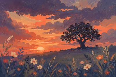 Tree Silhouette Sunset Over Wildflower Meadow