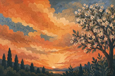 Flowering Tree Silhouette at Sunset Sky
