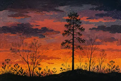 Tree Silhouettes at Sunset Over Wildflowers