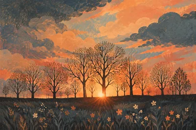 Dramatic Sunset Tree Silhouettes with Wildflowers