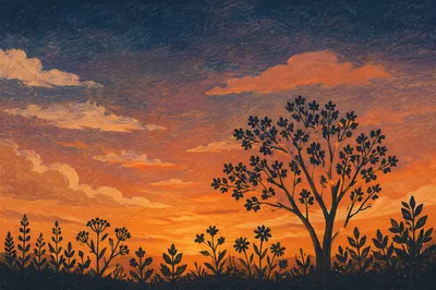 Flowering Tree Silhouette Under Dramatic Sunset Sky