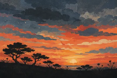 Dramatic Sunset Sky Over Tree Silhouettes