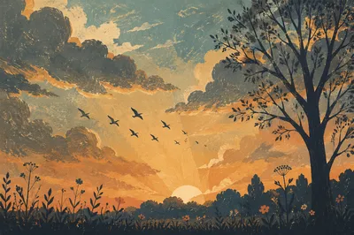 Dramatic Sunset Tree Silhouette with Wildflowers