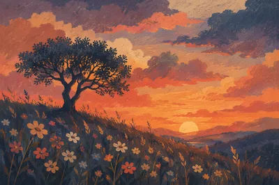 Lone Tree Silhouette Over Sunset Wildflowers
