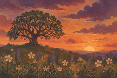 Lone Tree Silhouette Over Wildflower Sunset
