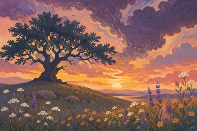 Silhouetted Tree at Dramatic Wildflower Sunset
