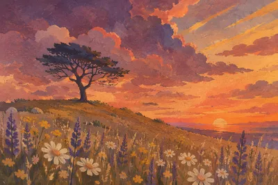 Lone Tree Silhouette Over Sunset Wildflowers