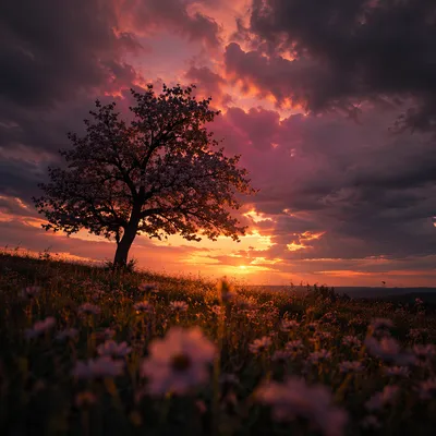 Flowering Tree Silhouette at Dramatic Sunset