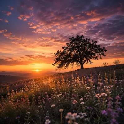 Lone Tree Silhouette Over Wildflower Sunset