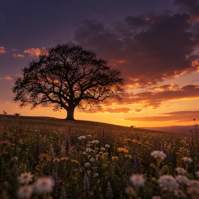 Lone Tree Silhouette Over Wildflower Meadow