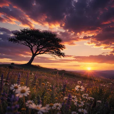 Lone Tree Silhouette Over Sunset Wildflowers