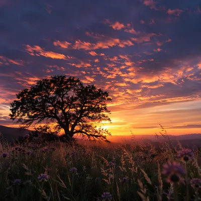 Solitary Tree Silhouette at Sunset Meadow