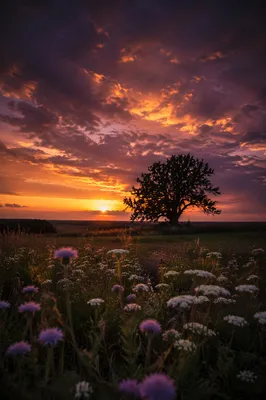 Tree Silhouette Over Wildflower Sunset Sky