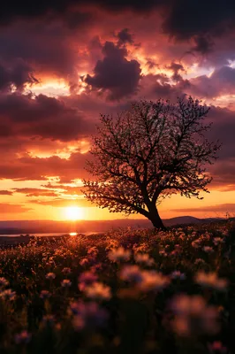 Flowering Tree Silhouette at Dramatic Sunset