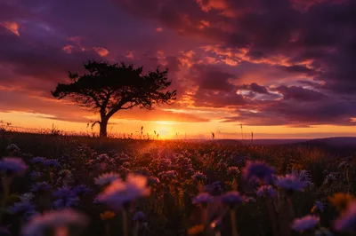 Lone Tree Silhouette Over Wildflower Sunset