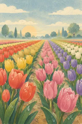 Colorful Tulip Garden Rows in Spring