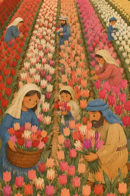 Colorful Spring Tulip Rows in Bloom