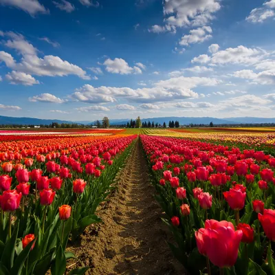 Colorful Spring Tulip Rows Under Blue Sky
