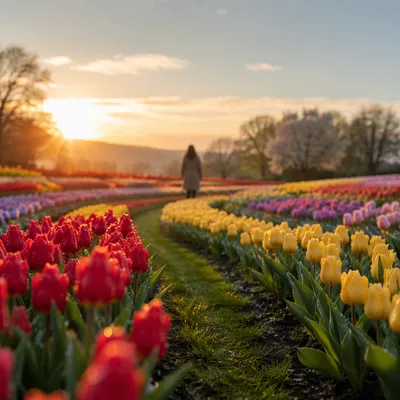 Colorful Spring Tulip Garden at Sunrise