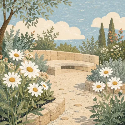 White Daisy Garden With Curved Stone Bench