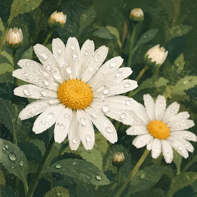 White Daisy Flowers in Rainy Garden
