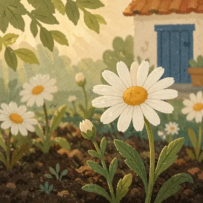 White Daisies in Peaceful Cottage Garden