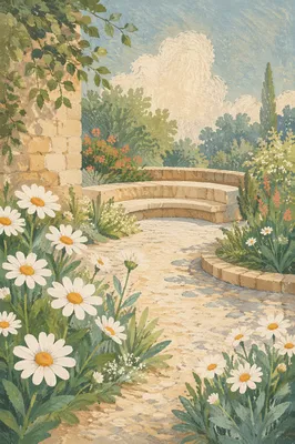White Daisies Beside Curved Garden Bench