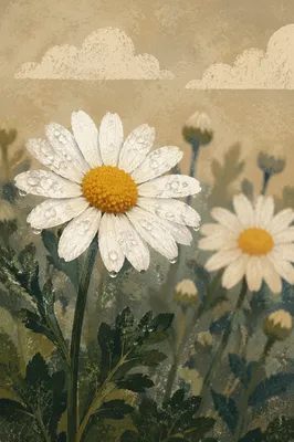 Dewy White Daisies in Quiet Garden
