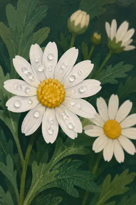 White Daisy Flowers in Rainy Garden
