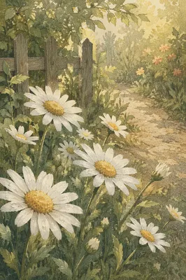 White Daisies in Peaceful Cottage Garden