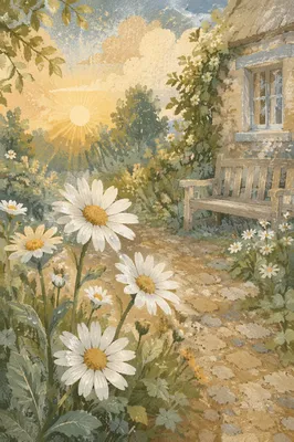 White Daisies in Peaceful Cottage Garden