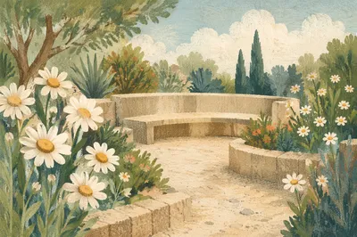 White Daisy Garden With Curved Stone Bench