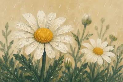 Dewy White Daisies in Quiet Garden