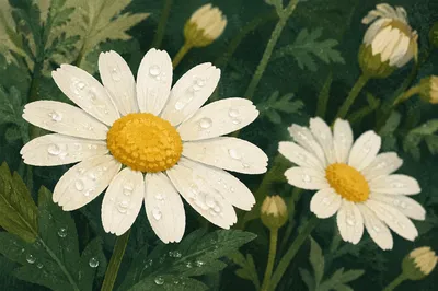 White Daisy Flowers in Rainy Garden