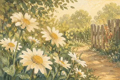 White Daisies in Peaceful Cottage Garden