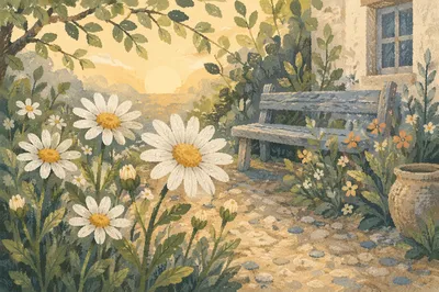 White Daisies in a Peaceful Cottage Garden