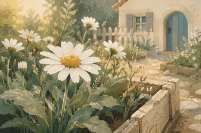 White Daisies in a Peaceful Cottage Garden