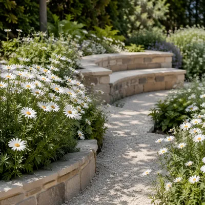 White Daisies by Curved Garden Bench
