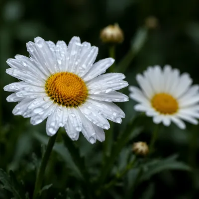 White Daisies with Dew in Quiet Garden