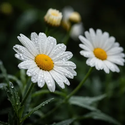 White Daisy Flowers in Rainy Garden