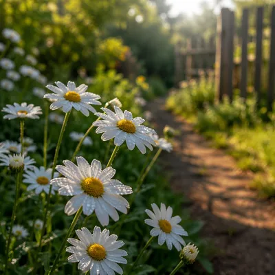 White Daisies in Peaceful Cottage Garden