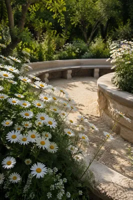 White Daisies Beside Curved Garden Bench