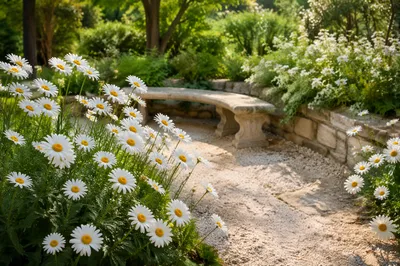 White Daisies by Curved Garden Bench
