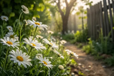 White Daisies in Peaceful Cottage Garden