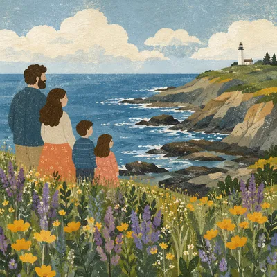 Coastal Wildflower Meadow With Distant Lighthouse