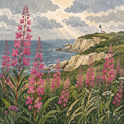 Coastal Wildflower Meadow with Distant Lighthouse