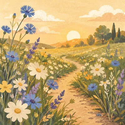 Morning Wildflower Meadow with Curving Footpath