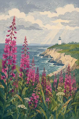 Coastal Wildflower Meadow with Distant Lighthouse